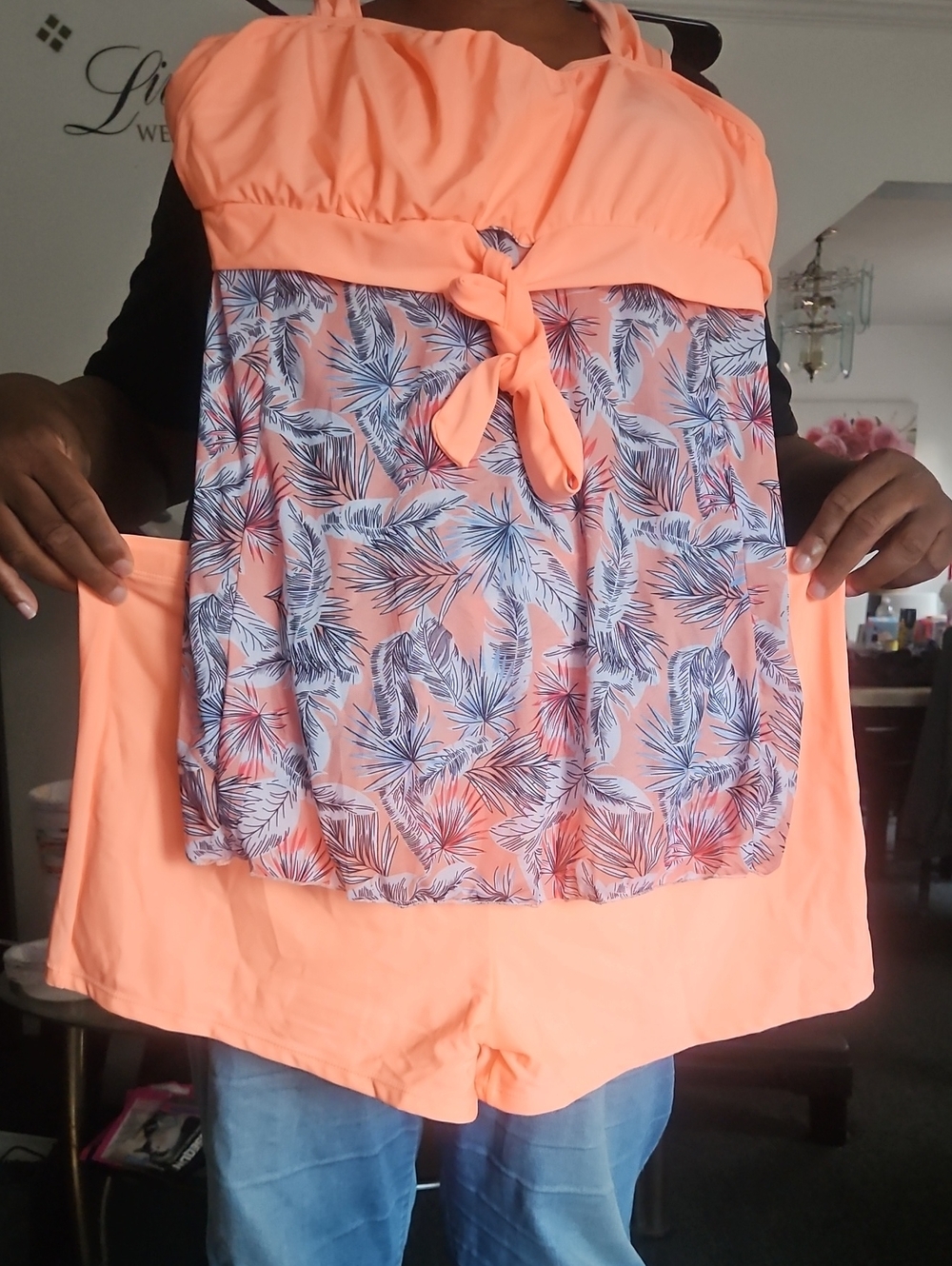 Peach Leaf-Print Tankini Set with Sheer Overlay